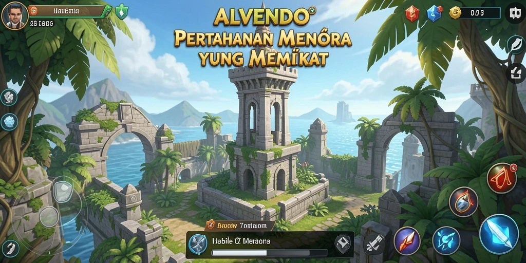 Tangkapan layar utama ALVENDO menampilkan aksi seru dalam permainan Tower Defense.