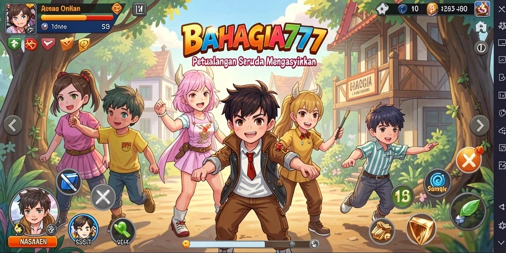 Tampilan gameplay BAHAGIA777 yang penuh warna dan karakter anime yang menarik.