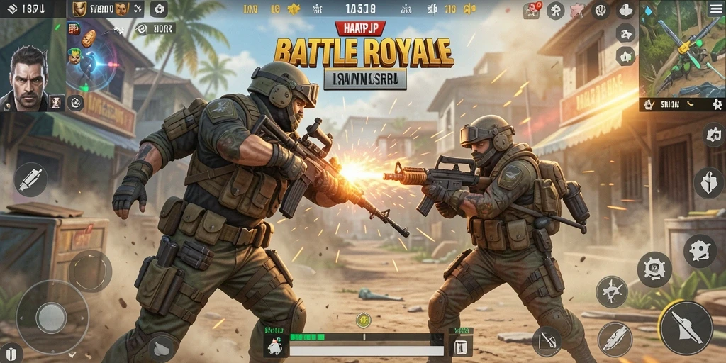 Tampilan gameplay seru di HARAPJP dengan pertempuran Battle Royale.
