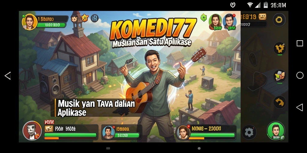 Tampilan gameplay KOMEDI77 yang menggabungkan musik dan komedi.