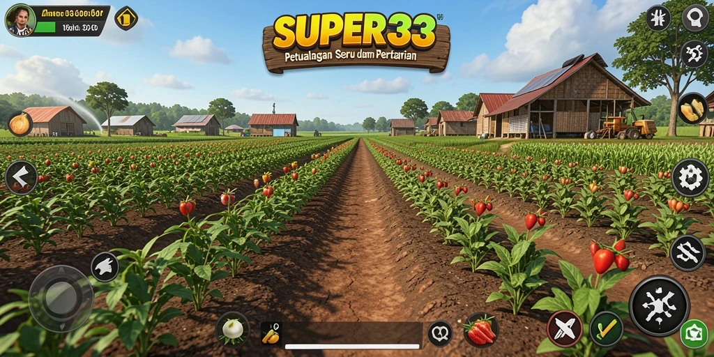 Tampilan gameplay SUPER33 dengan aktivitas bertani yang seru.