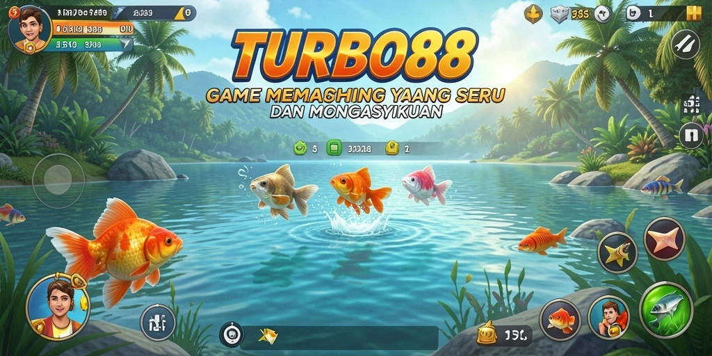 Tampilan gameplay <strong>TURBO88</strong> yang menarik saat memancing di lokasi indah.