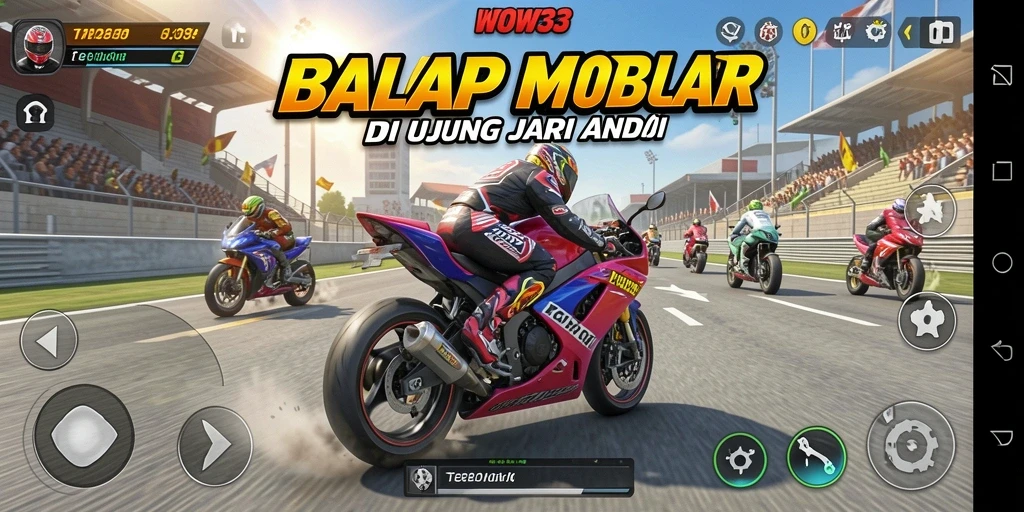 Screenshot utama WOW33 menampilkan aksi balap motor yang intens dan grafis luar biasa.