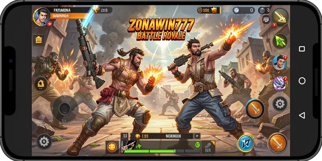 Screenshot ZONAWIN777 menampilkan aksi seru dalam pertempuran Battle Royale.